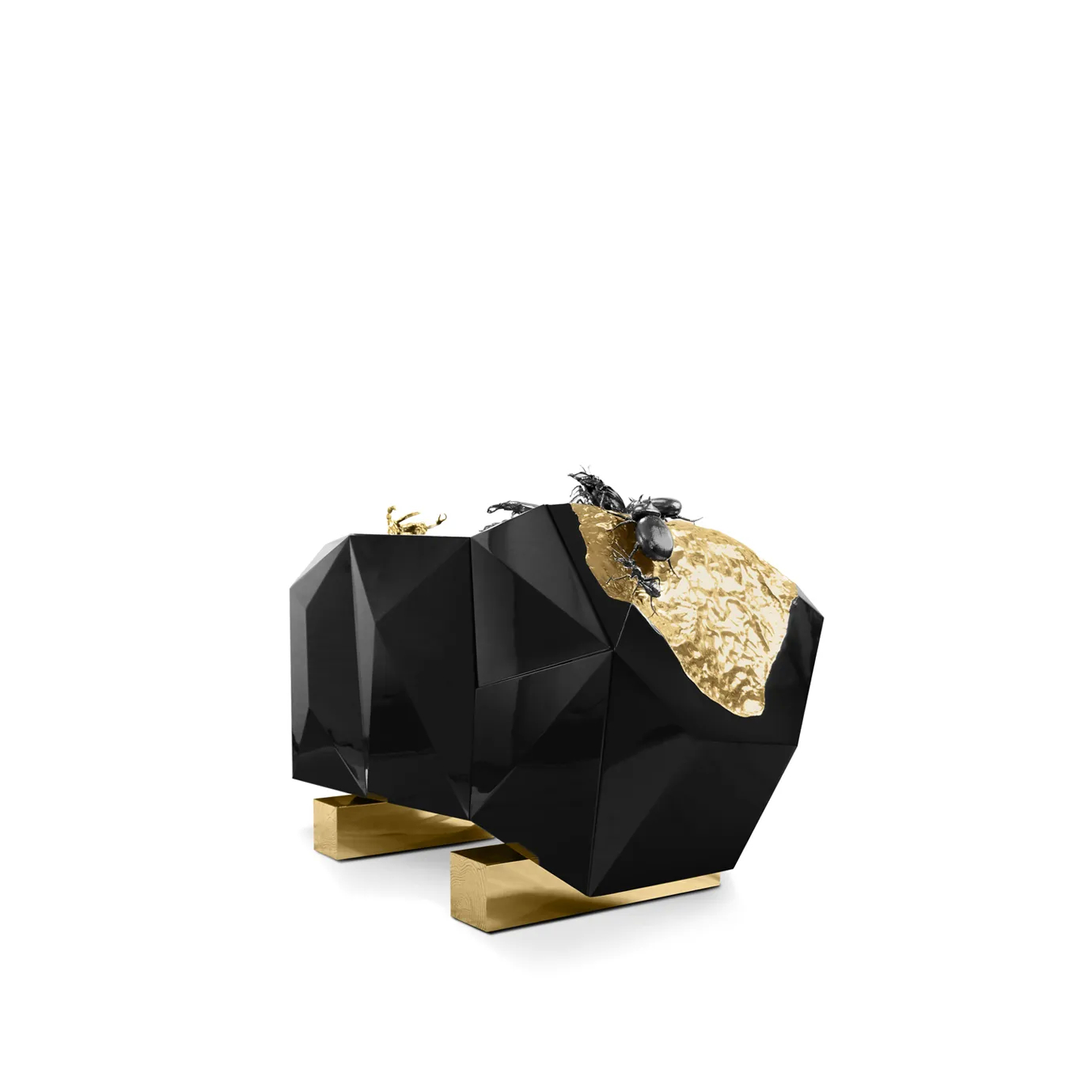 Diamond Metamorphosis sideboard with black lacquered wood, gold leaf, and insect-inspired brass accents.