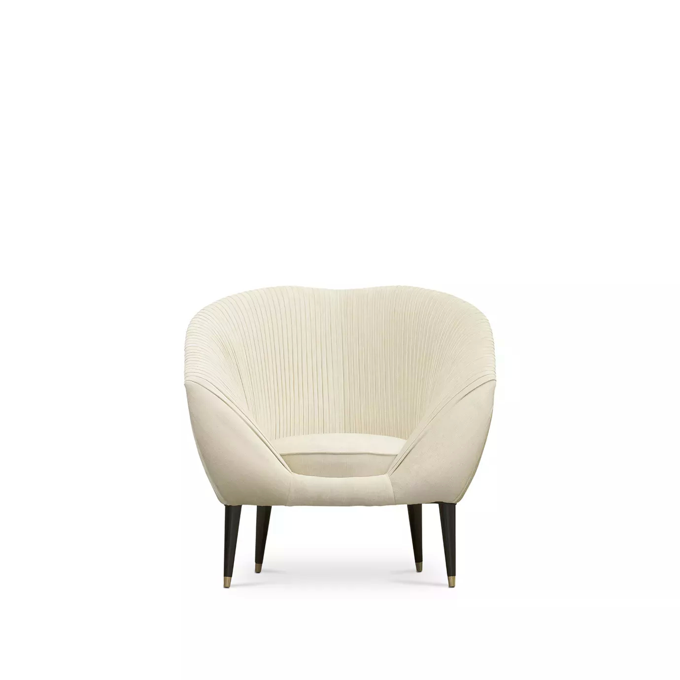 Elegant Audrey Armchair in cream fabric with pleated details and black legs with golden details.