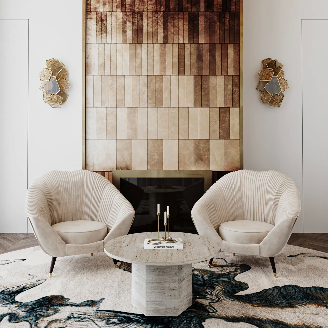 Elegant Audrey Armchairs in cream fabric with pleated details in a sophisticated living room with a fireplace and round coffee table
