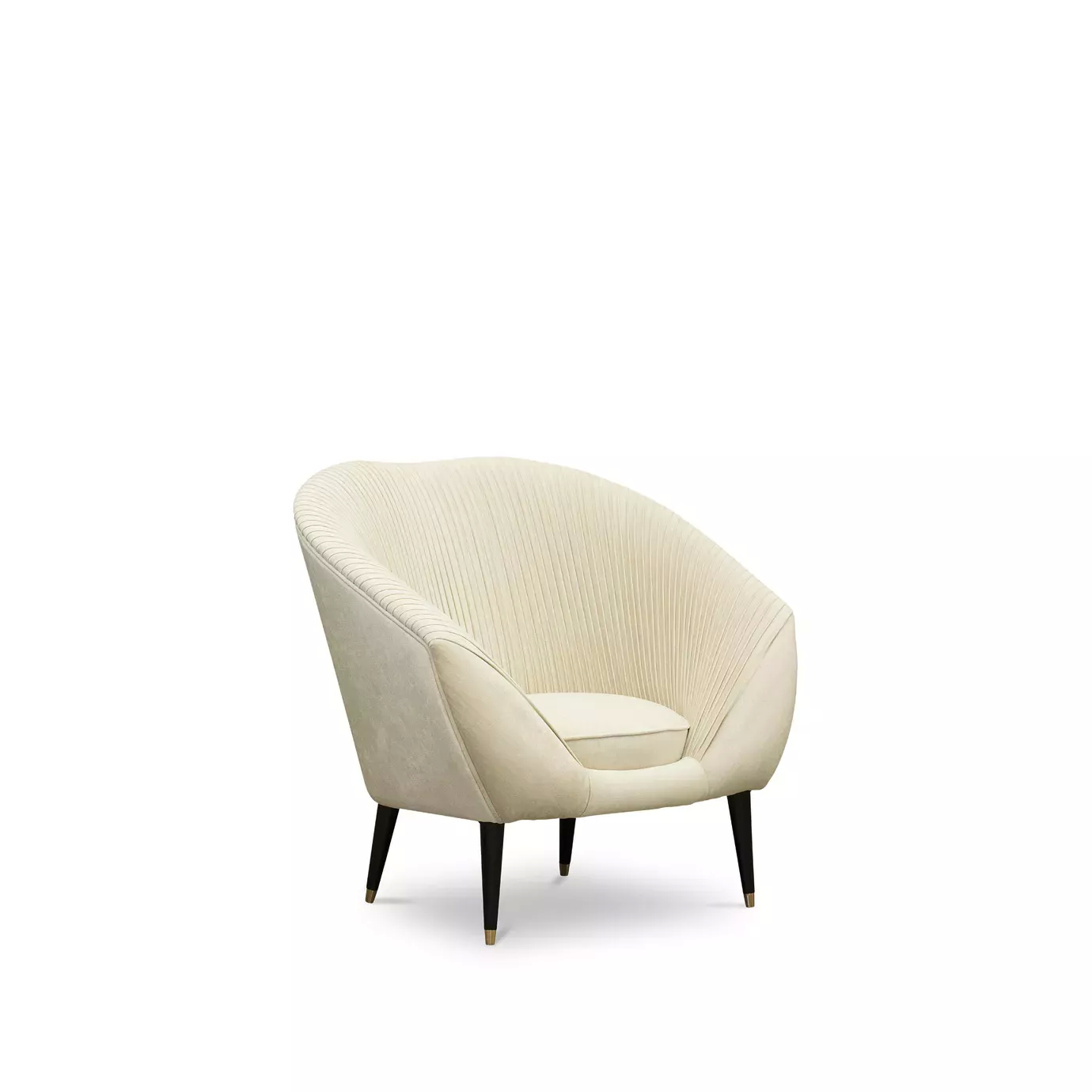 Elegant Audrey Armchair in cream fabric with pleated details and black legs with golden details.
