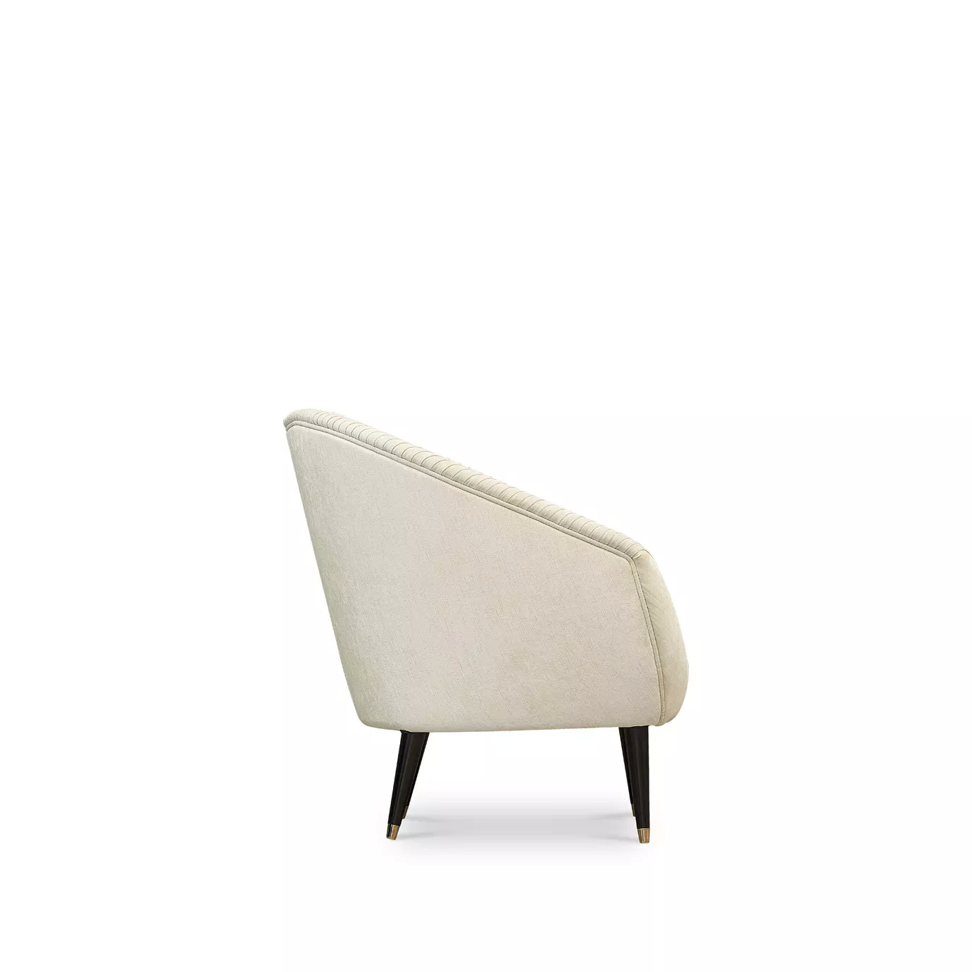 Elegant side view of Audrey Armchair in cream fabric with pleated details and black legs with golden details.