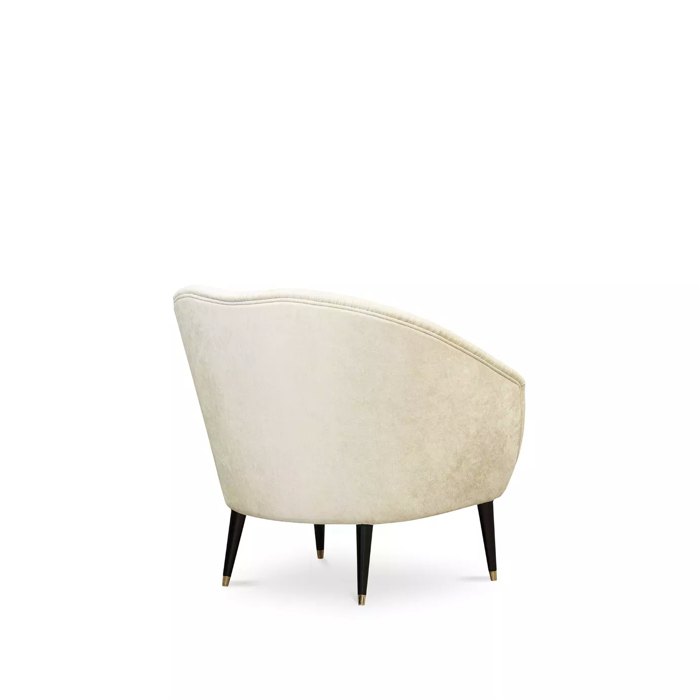 Elegant side view of Audrey Armchair in cream fabric with pleated details and black legs with golden details.
