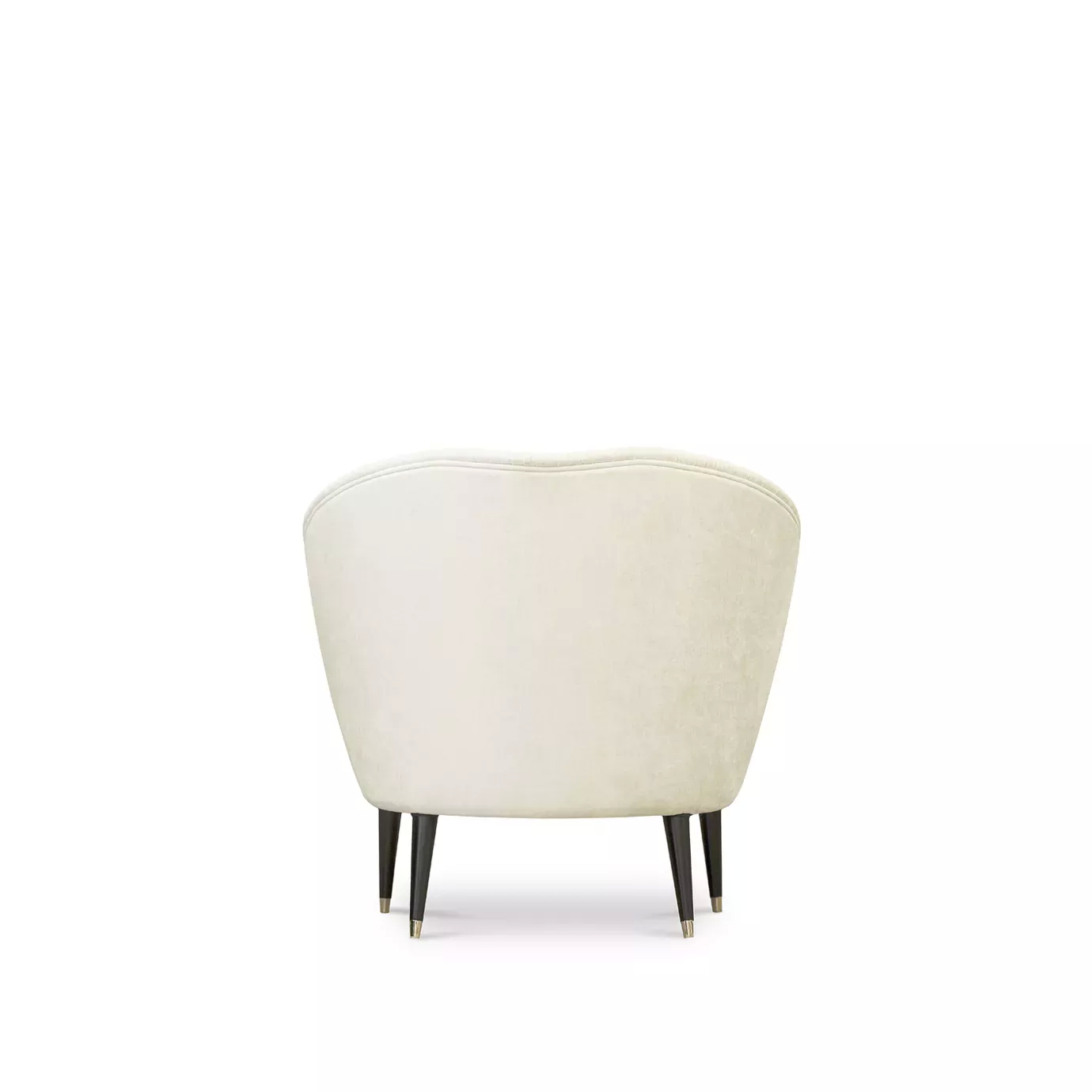 Elegant back view of Audrey Armchair in cream fabric with pleated details and black legs with golden details.
