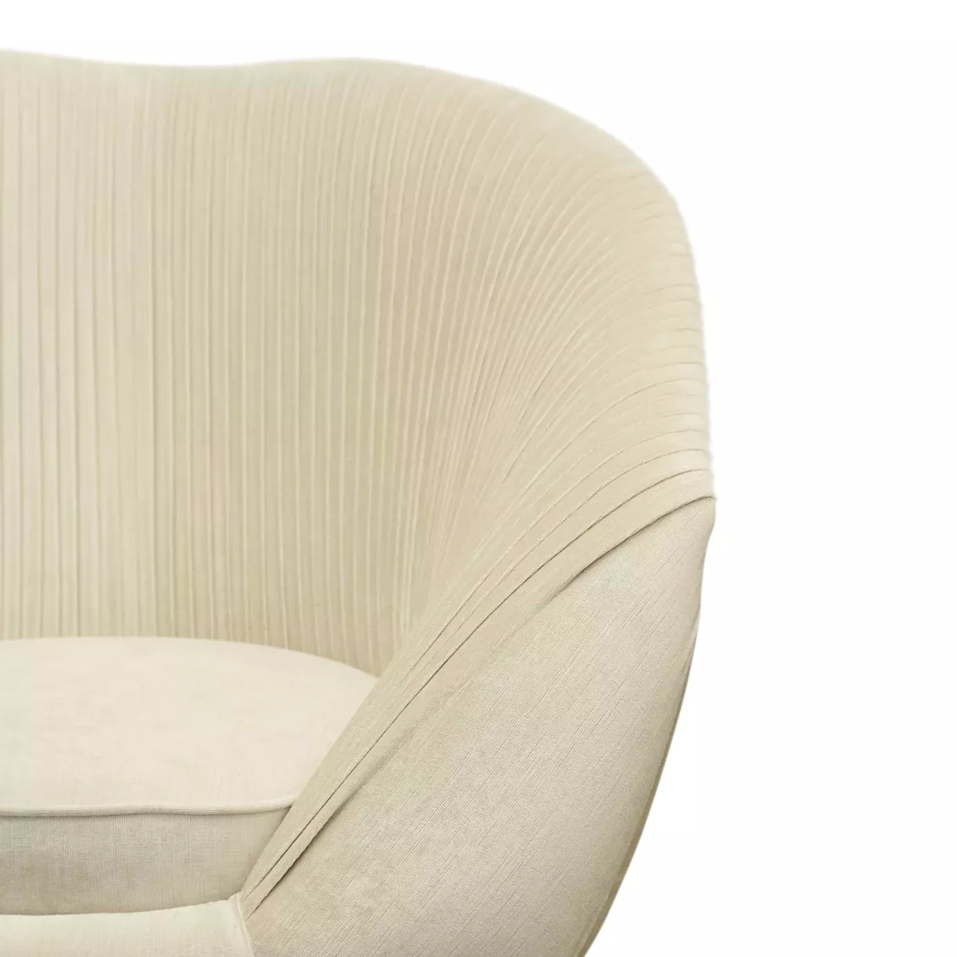 Elegant close-up of the cream fabric with pleated details of the Audrey Armchair.