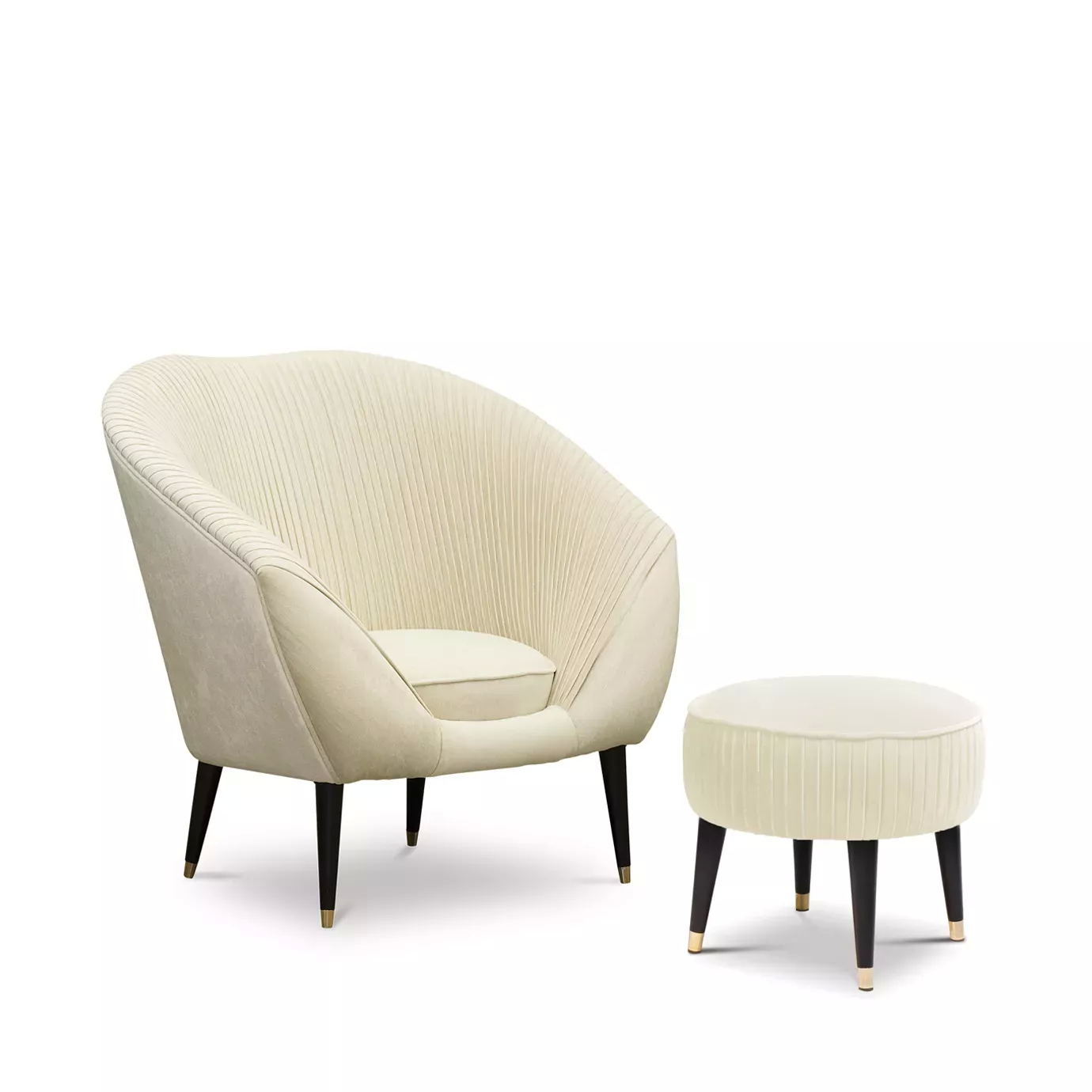 Elegant Audrey Chair in cream fabric with pleated details and matching footrest with black legs and golden details.