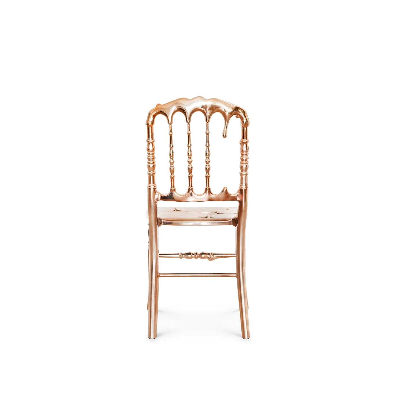 Sophisticated copper chair with a sleek, modern design and a gracefully curved backrest.