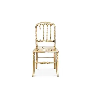 Elegant gold chair with a sleek, modern design and luxurious, curved backrest.