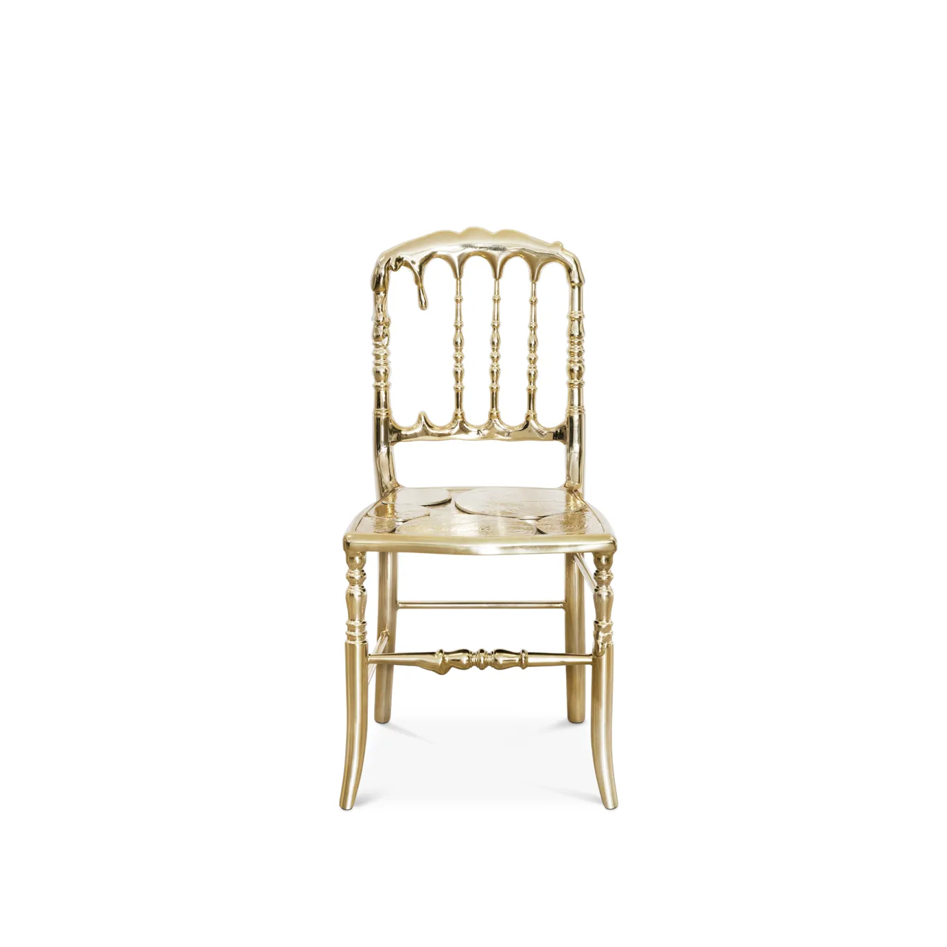 Elegant gold chair with a sleek, modern design and luxurious, curved backrest.