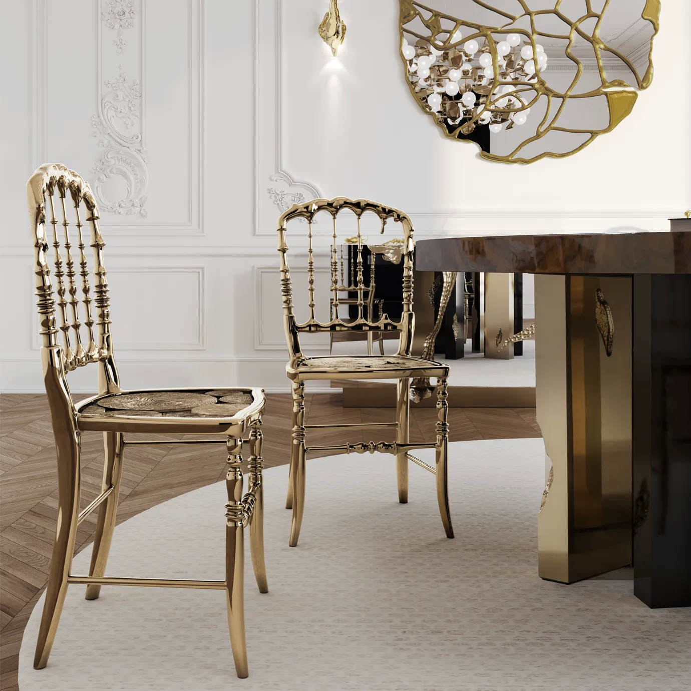 Sophisticated gold chair with a sleek, modern design and a gracefully curved, elegant backrest.