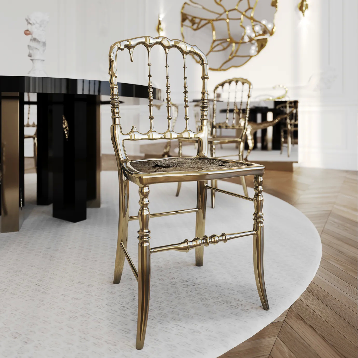 Luxurious gold chair with a contemporary design, featuring a curved backrest and elegant details.