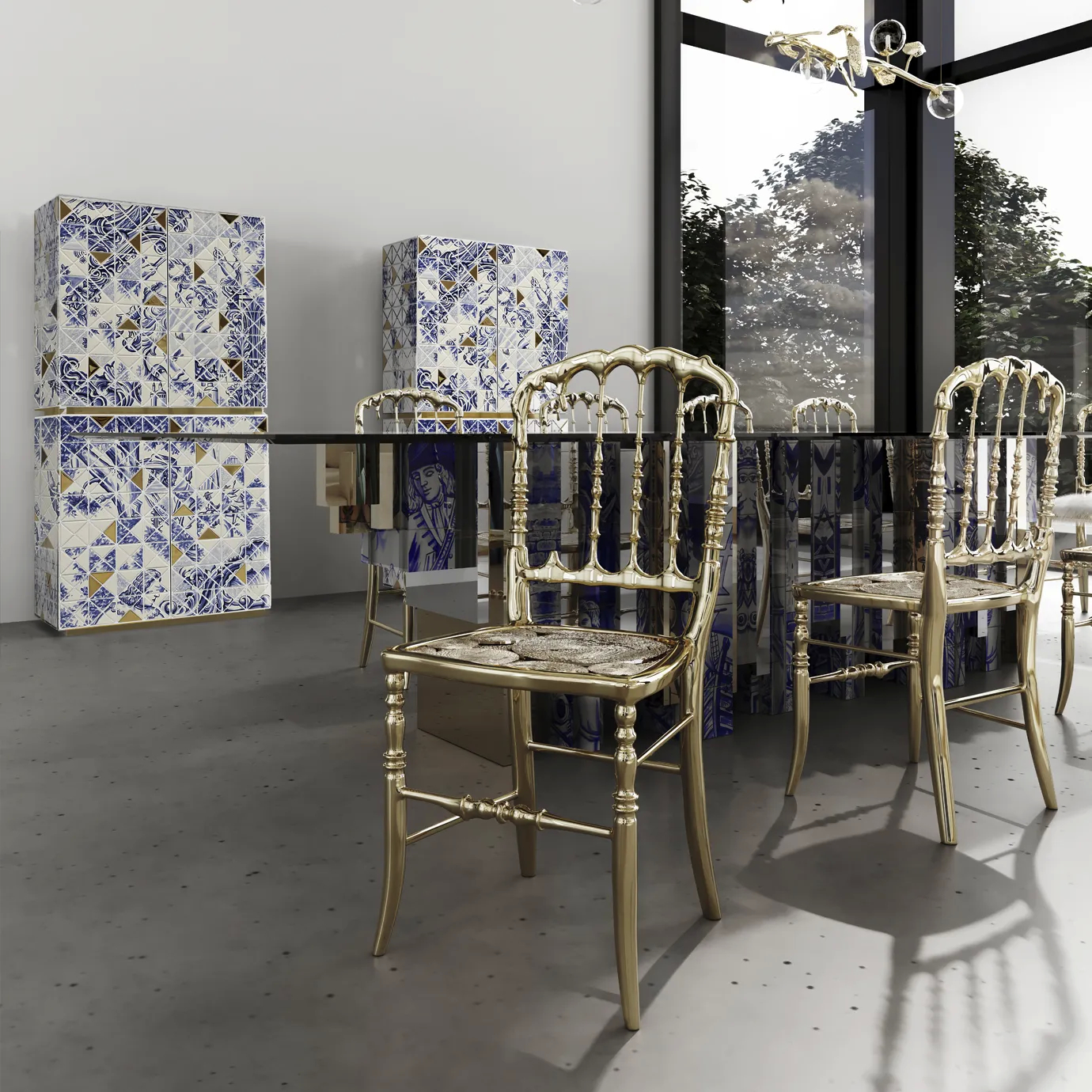 Elegant gold chair with a sleek, curved backrest and refined, modern design.