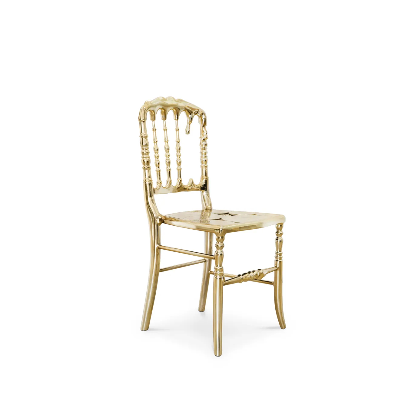 Sophisticated gold chair featuring a sleek design with a luxurious, curved backrest and elegant legs.