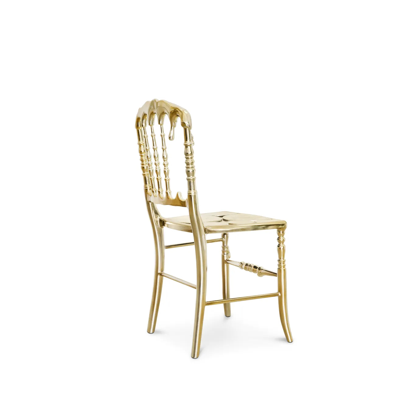 Luxurious gold chair with a modern, curved backrest and sophisticated, sleek design.