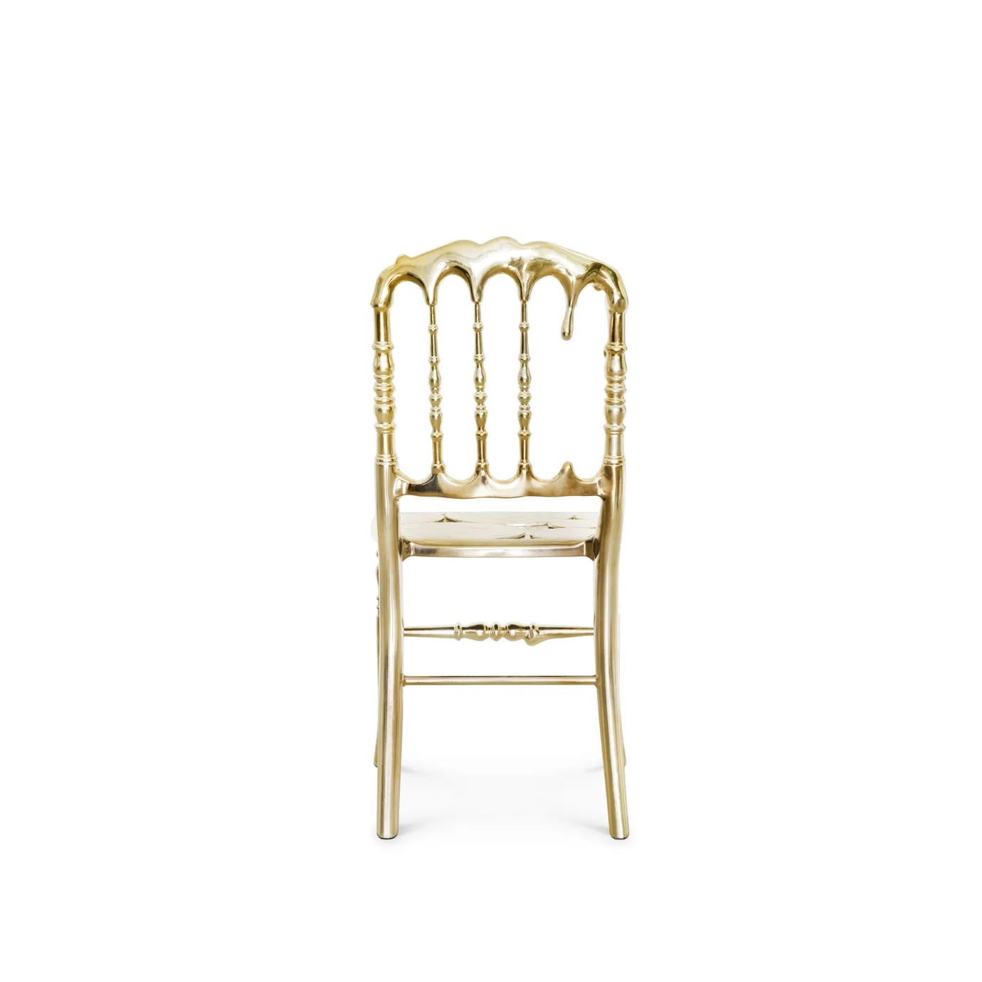 Elegant gold chair with a sleek, contemporary design and a gracefully curved backrest.