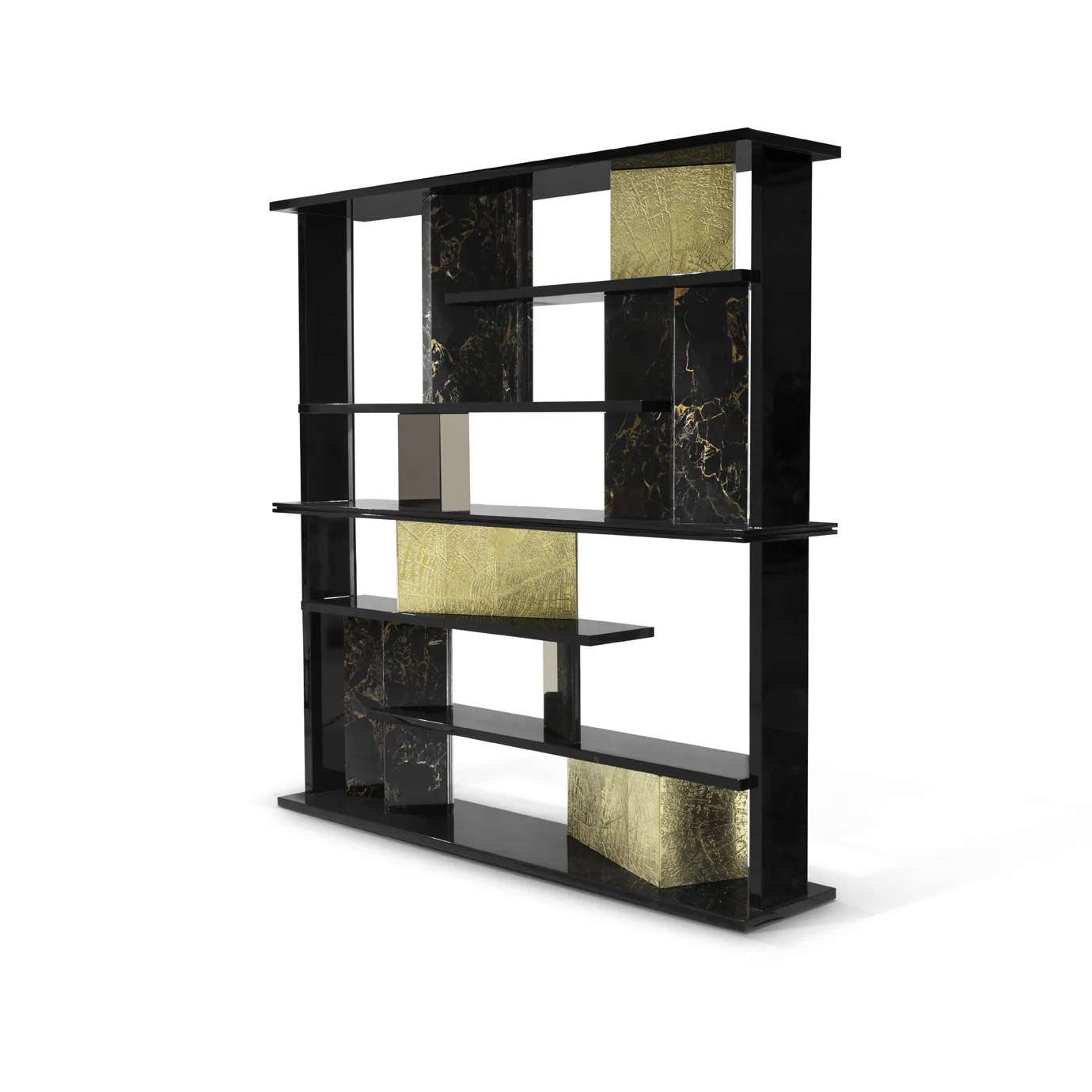 Contemporary bookcase with a sleek geometric frame, wooden shelves, and gold detailing for elegance.