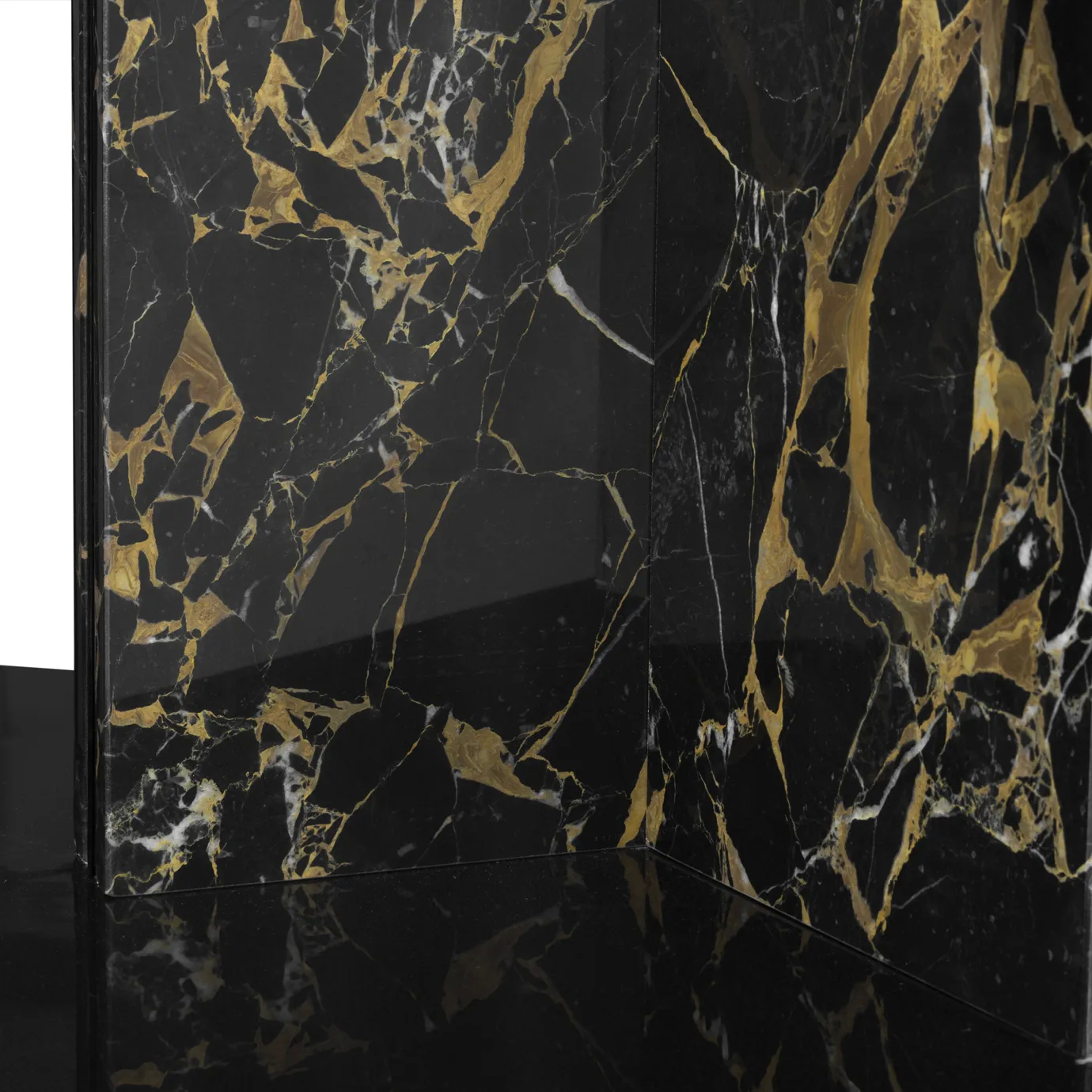 Refined bookcase with a geometric design, wooden shelves, and luxurious gold accents for a modern touch.