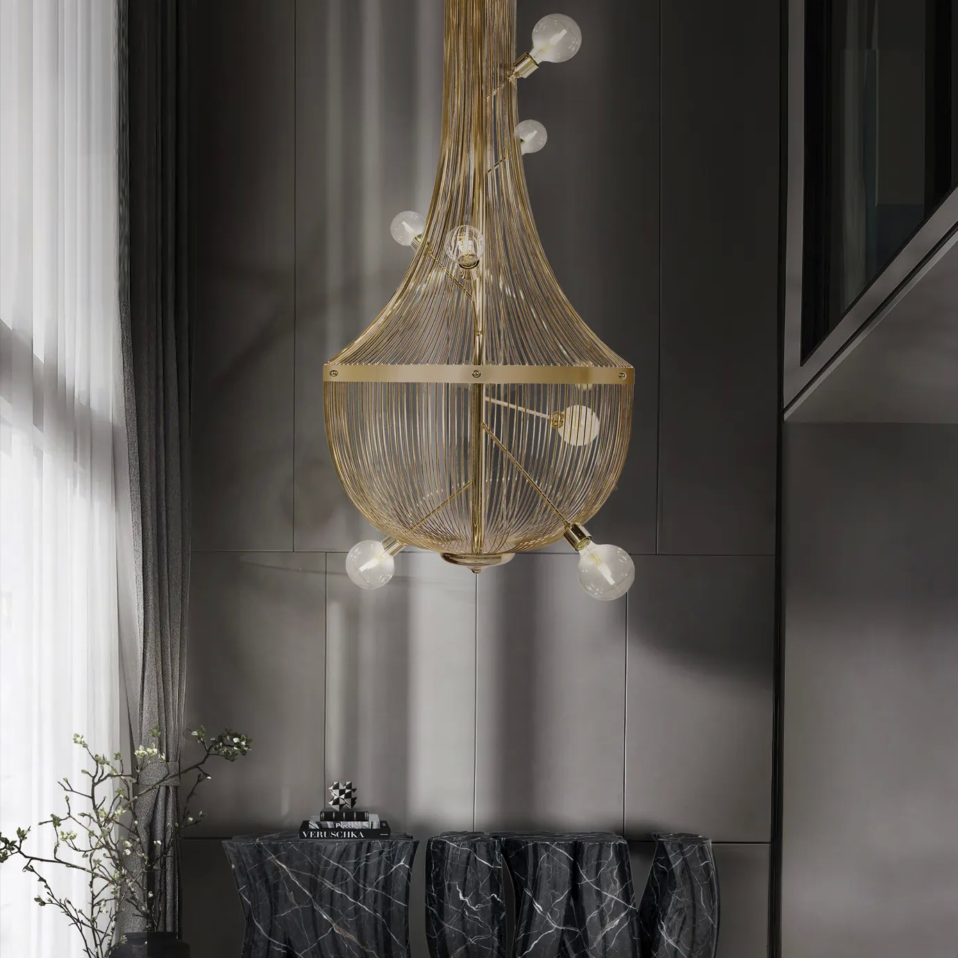 Chandelier with sleek, angular metal frames and a contemporary design, exuding sophistication.