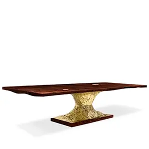 Elegant dining table with sculpted base and textured walnut root veneer top.