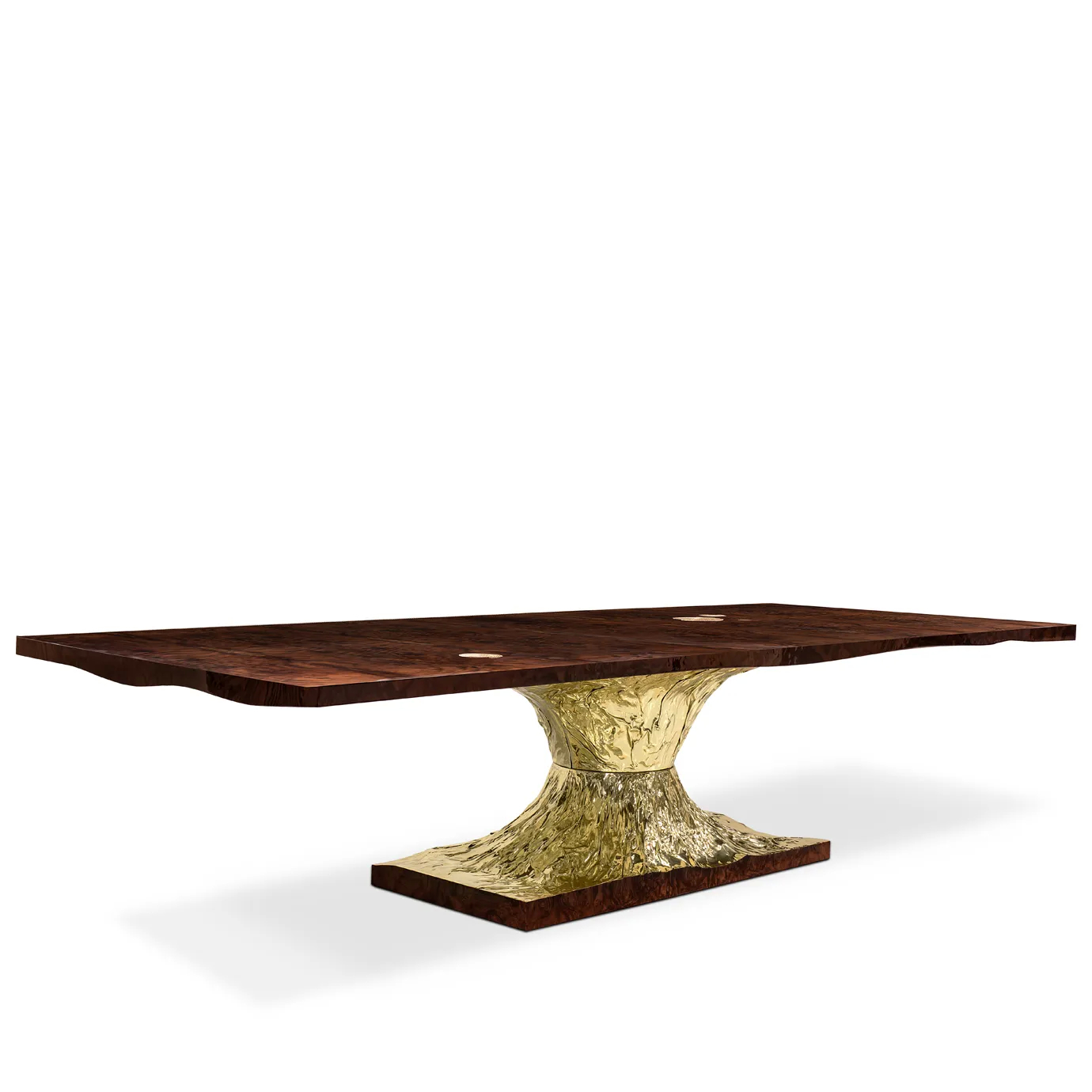 Elegant dining table with sculpted base and textured walnut root veneer top.