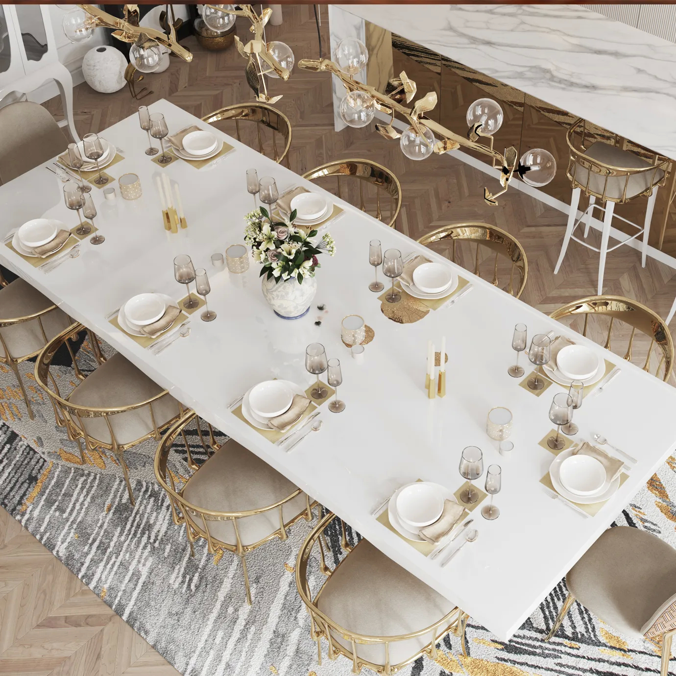 Top-down perspective of Metamorphosis Dining Table with white top.