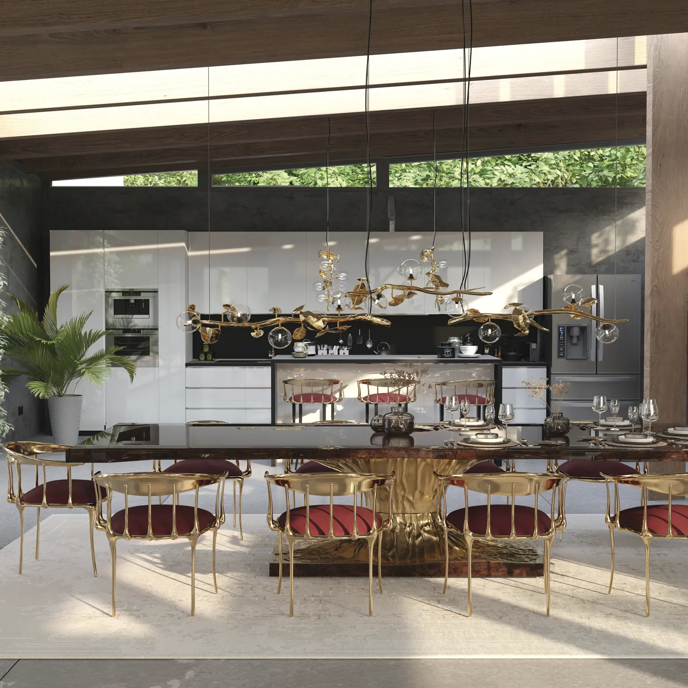 A luxurious dining table with a unique, sculptural base and a sleek, modern design.