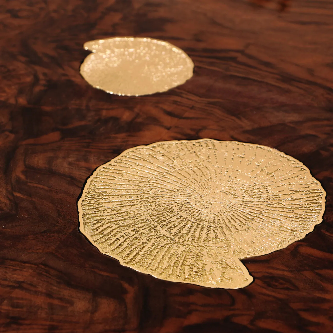 A polished brass base supports a walnut root veneer top with sculpted fossil textures.