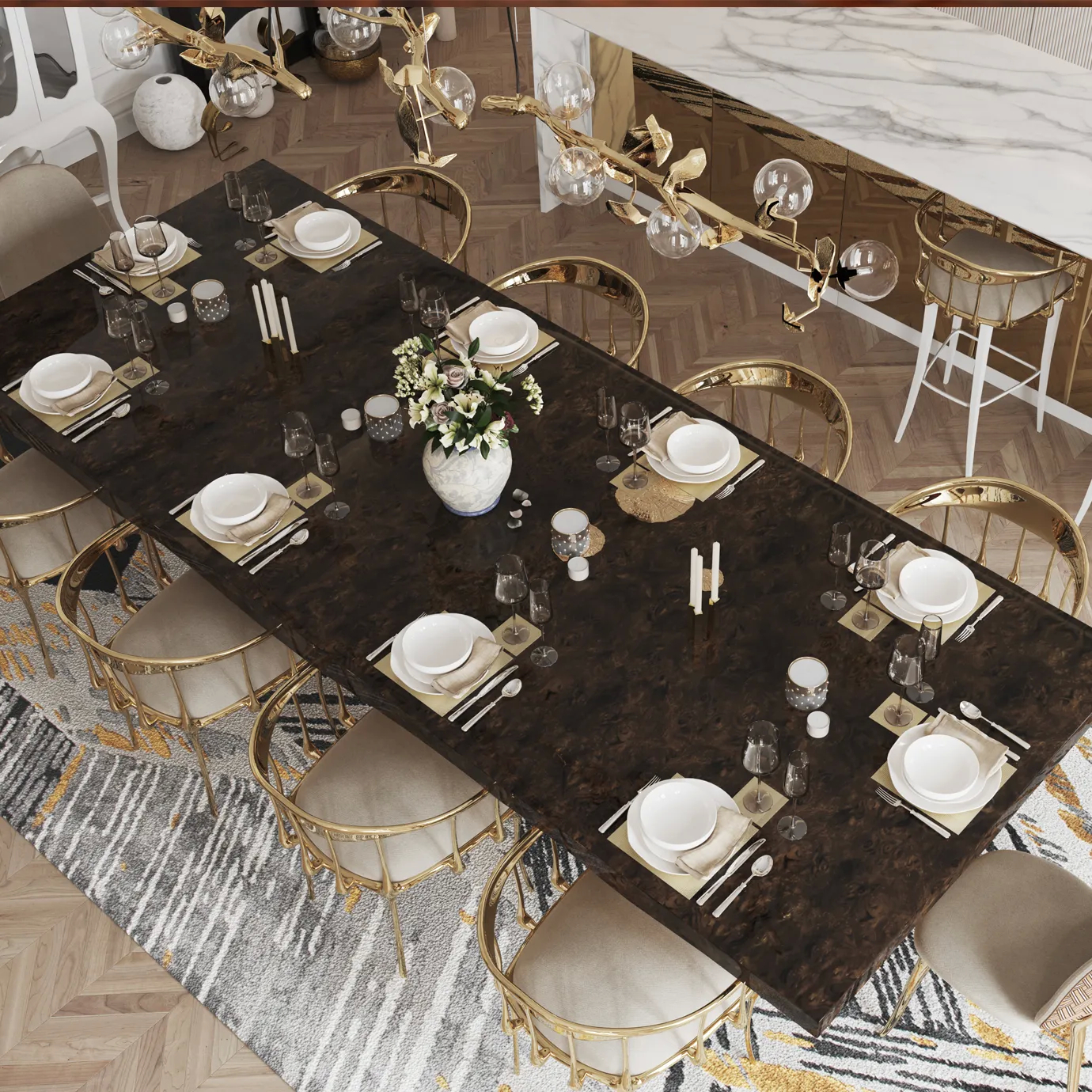 Rectangular dining table with glossy black top and gold twisted-branch legs.