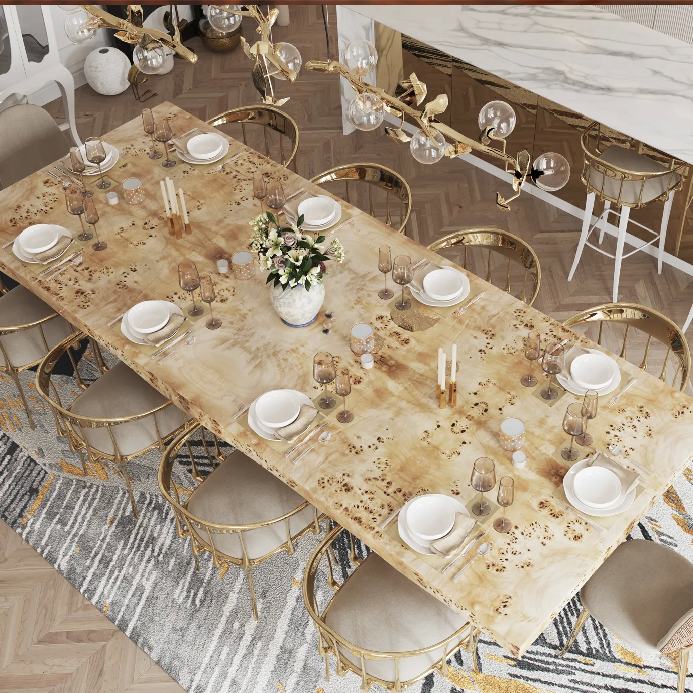 Metamorphosis dining table: glossy black rectangular top with gold twisted-branch legs in a room.