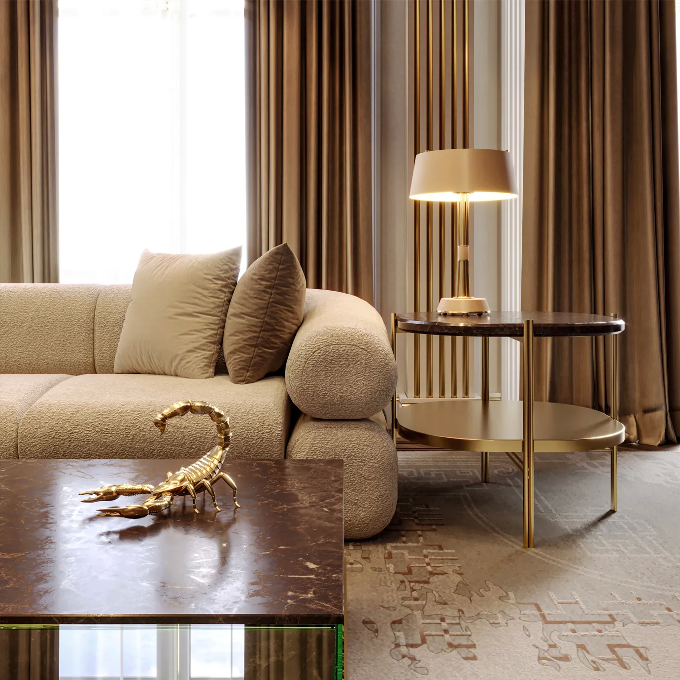 Center table with glass box, gold-plated scorpions, and marble base, highlighting luxury.