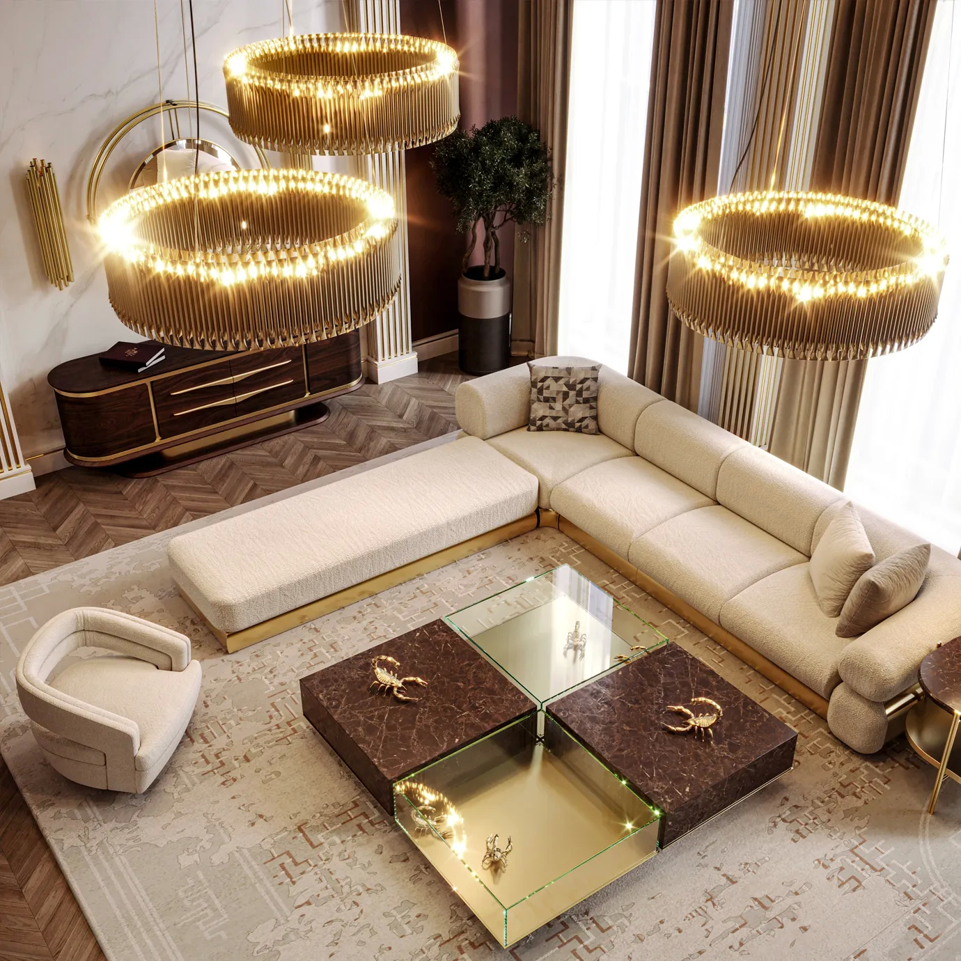 A luxurious marble center table with gold-plated brass accents and glass-enclosed insects.