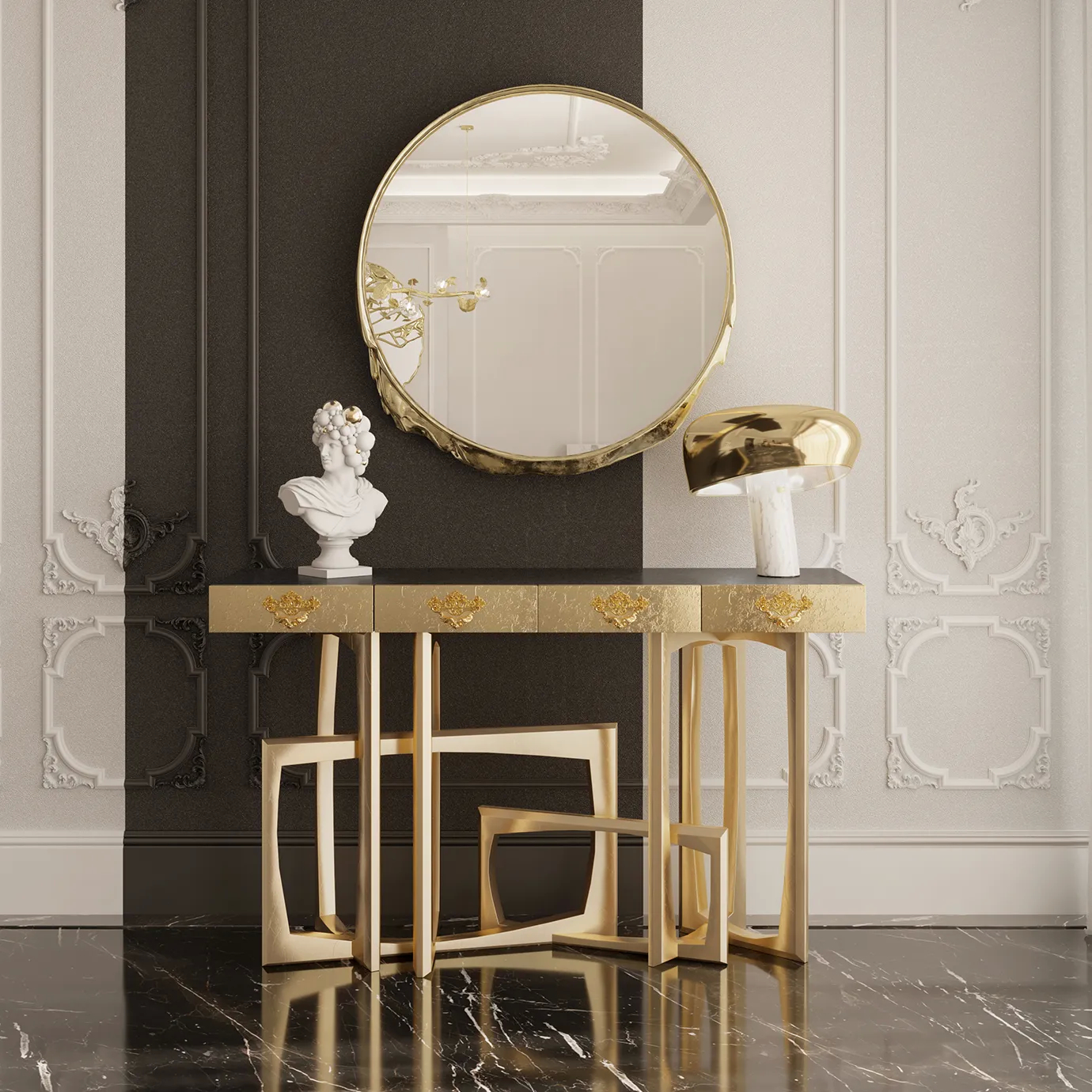 Close-up of the Metropolis console with a polished black top and elegant gold accents, highlighting its luxurious design.