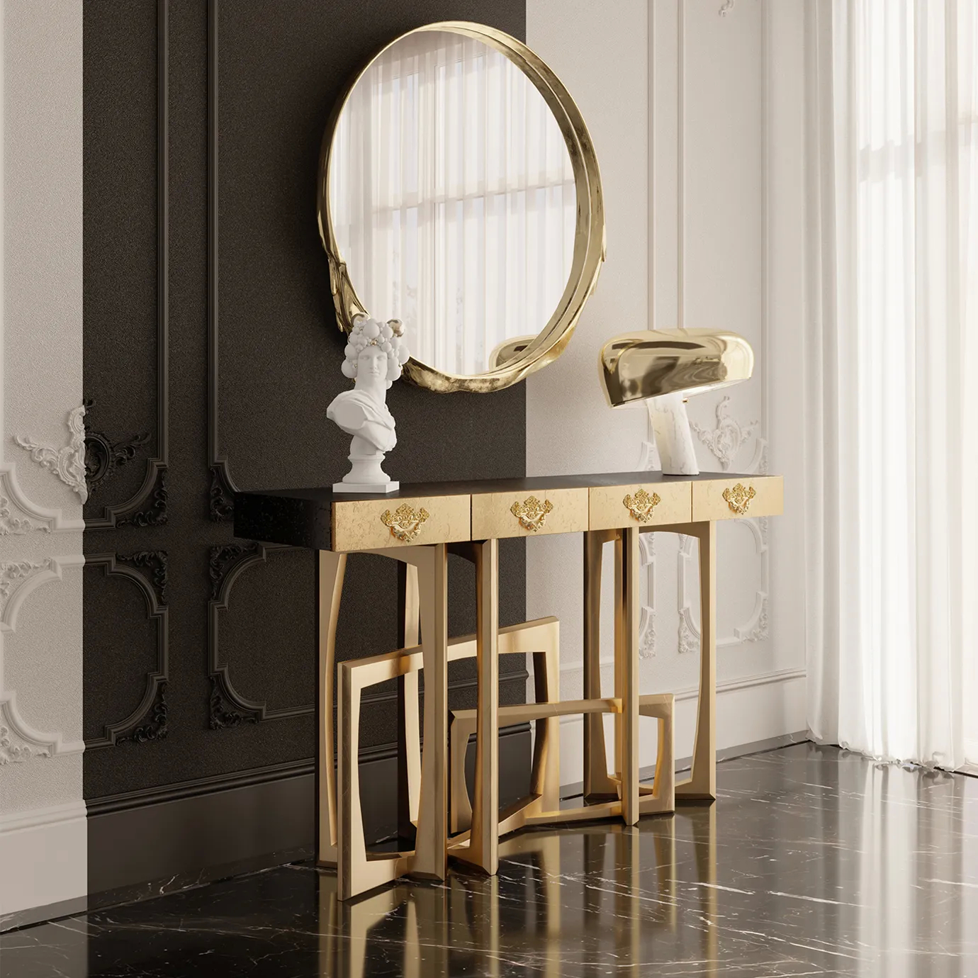 Metropolis console with black surface and gold metal details, showcasing modern design.