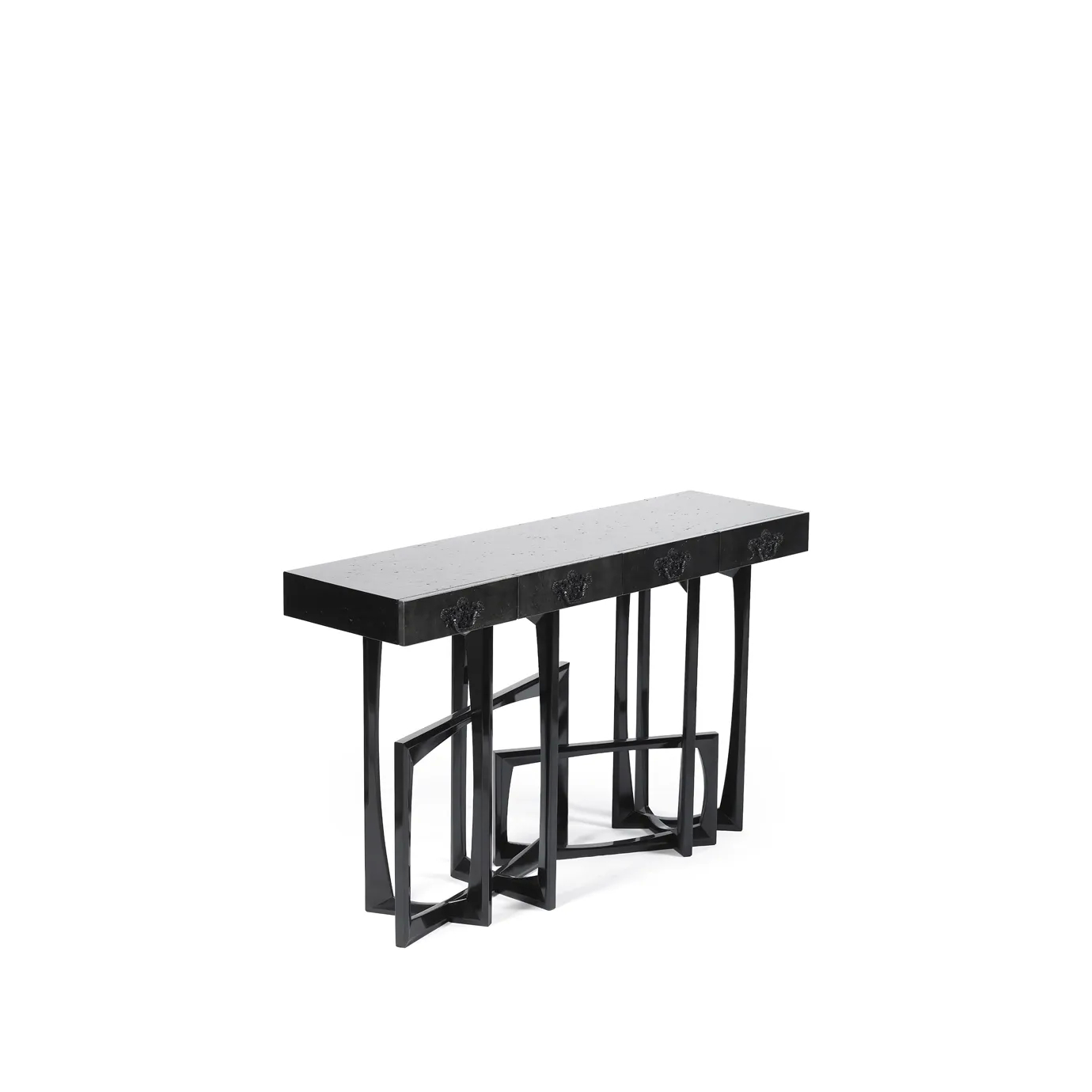 Side view of the sleek black console with a minimalist design and gold detailing.