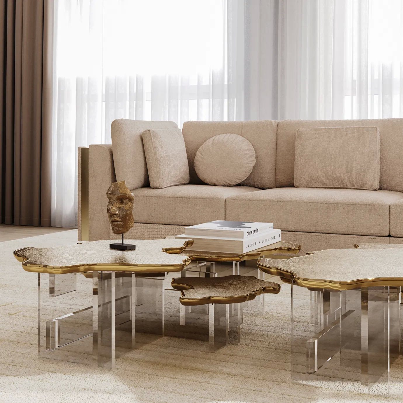 Angled view highlighting the smooth marble top and the elegant gold base design.