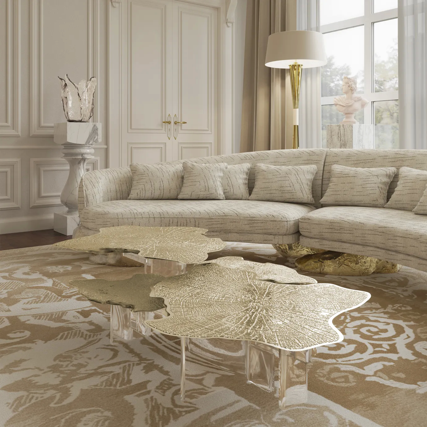 Close-up view of the marble top with unique veining, supported by a modern gold base.