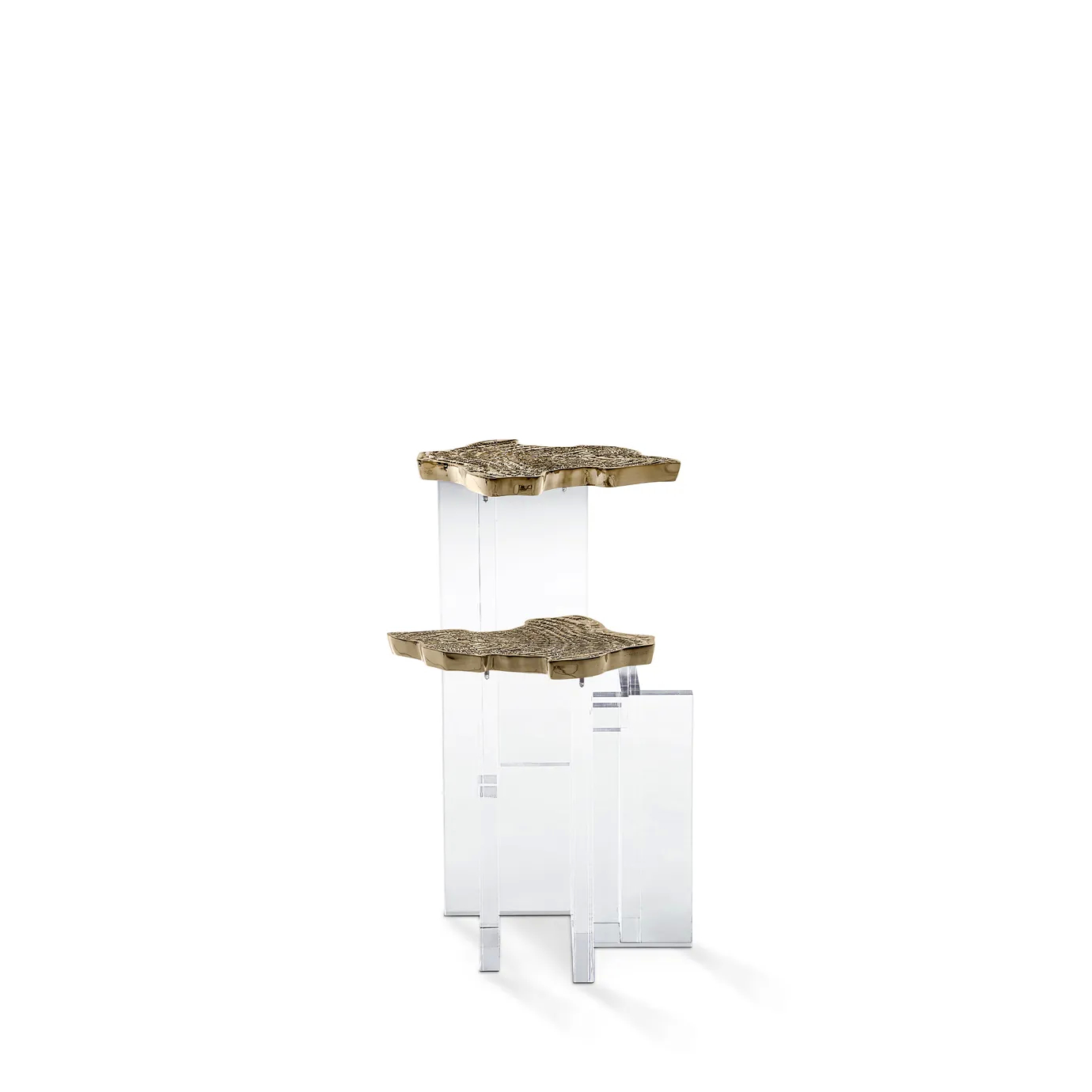 Angled view of a side table with a polished marble top and an intricate gold branch-like base.