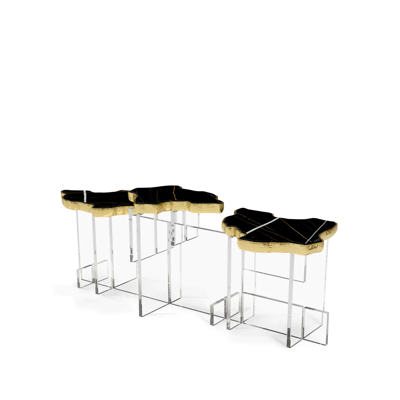 Top-down view showing the glossy Nero Marquina surface and the organic-shaped gold base.