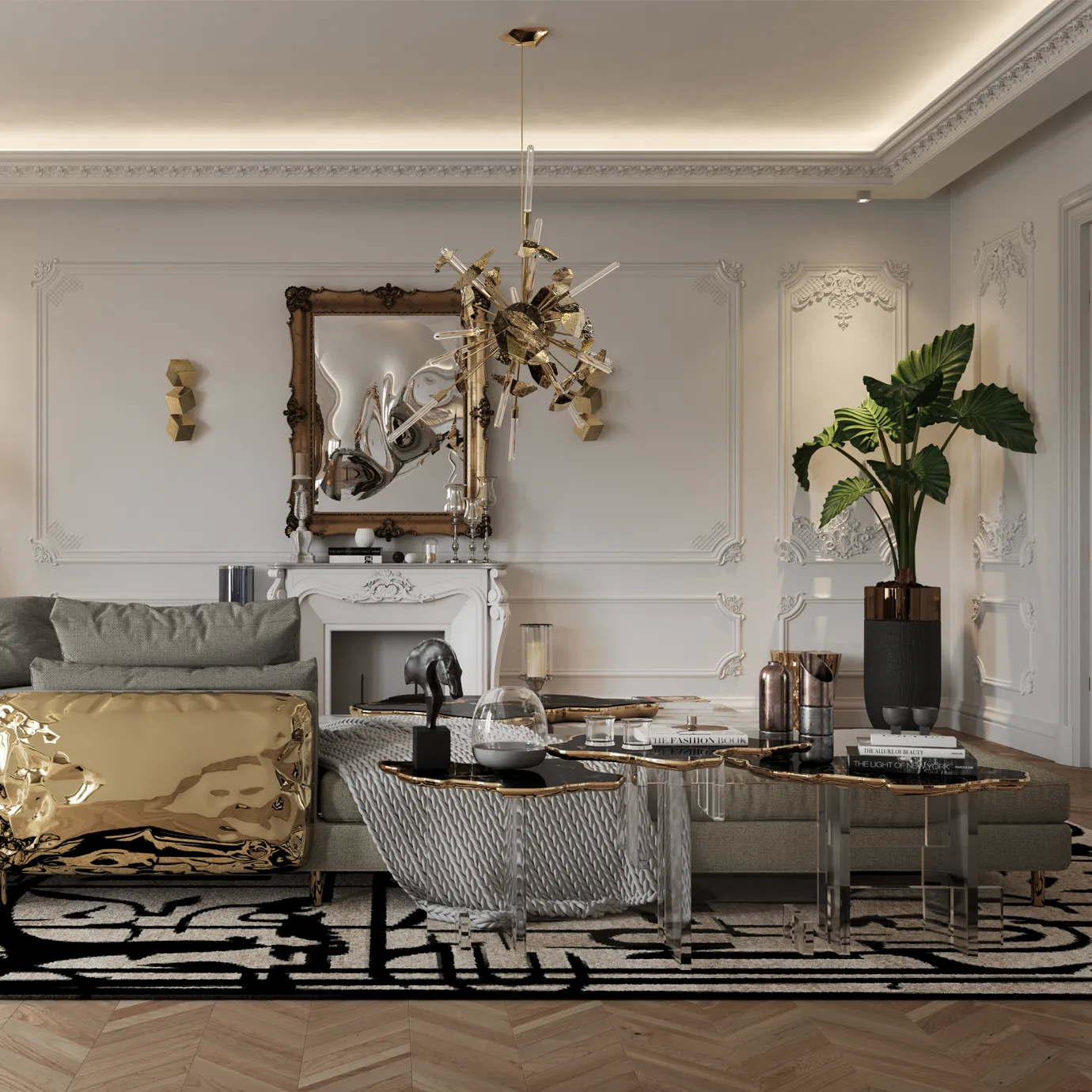 Close-up of the Nero Marquina marble surface with veining detail and a sculptural gold base.