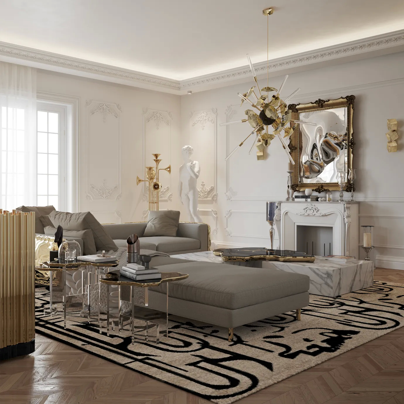 Angled view showing the Nero Marquina marble top and the artistic, branching gold base.