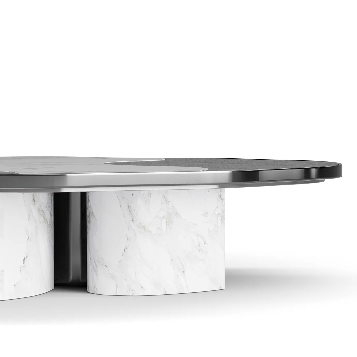 Side view highlighting the Calacatta marble top and sleek, contrasting black base design.