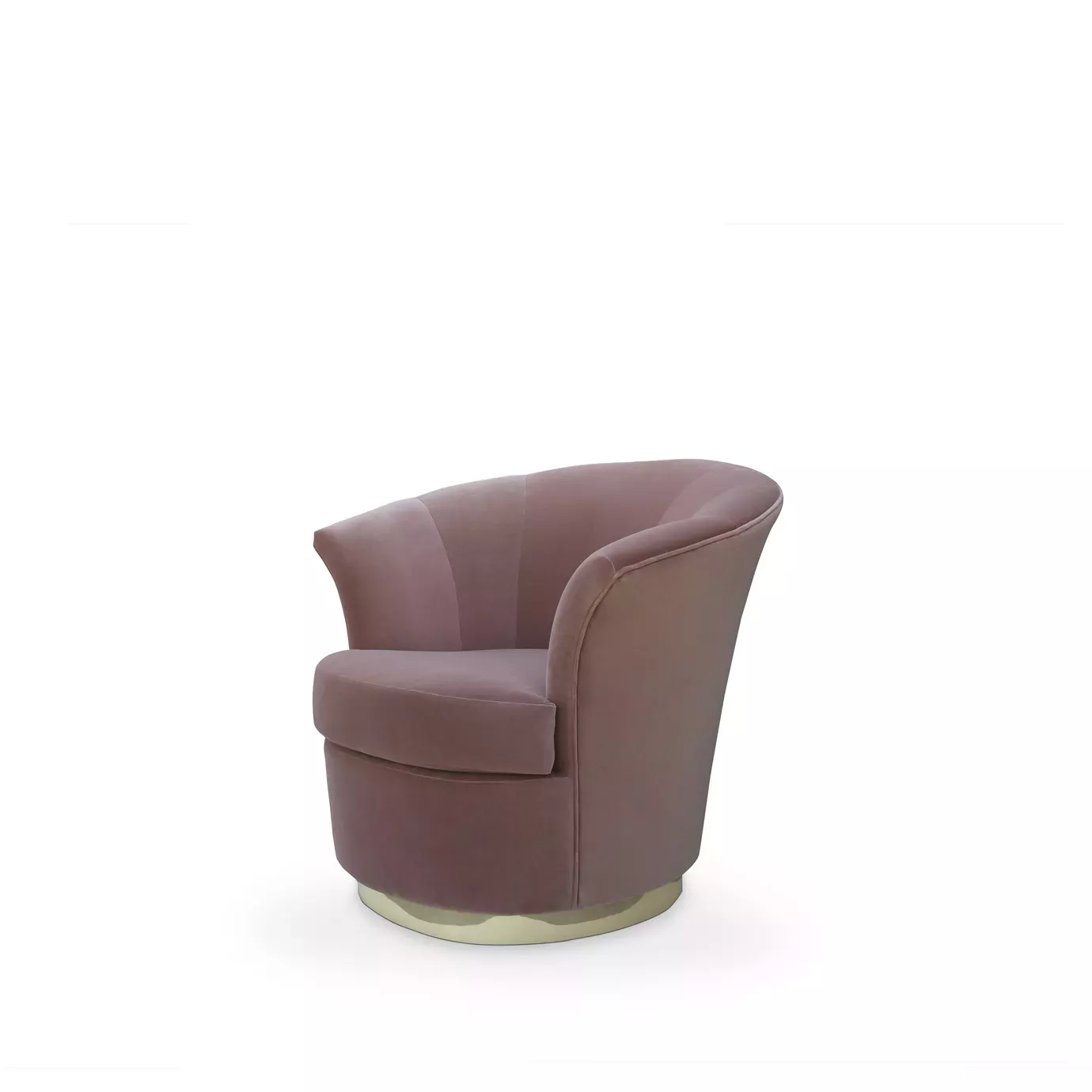 Elegant side view of Besame Chair with golden base and soft pink velvet upholstery.