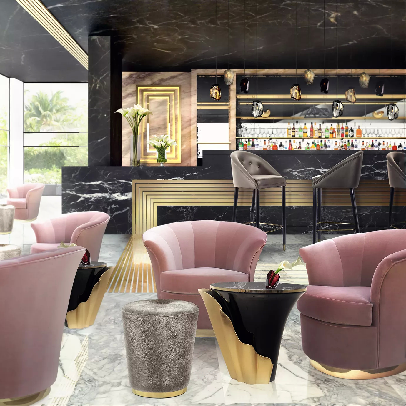 Elegant bar lounge with Besame armchairs in pink velvet, Yasmine side tables with black marble tops and golden details, and upholstered bar stools in shades of grey.