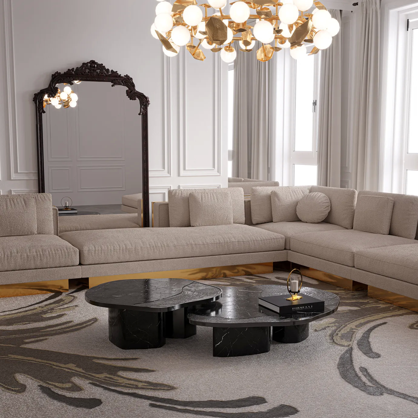 Top-down view of the table’s sleek, dark surface paired with its striking gold-accented base.