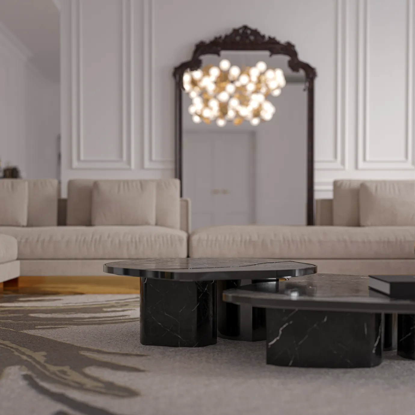 Side view emphasizing the smooth, dark tabletop and the elegant gold-accented sculptural base.