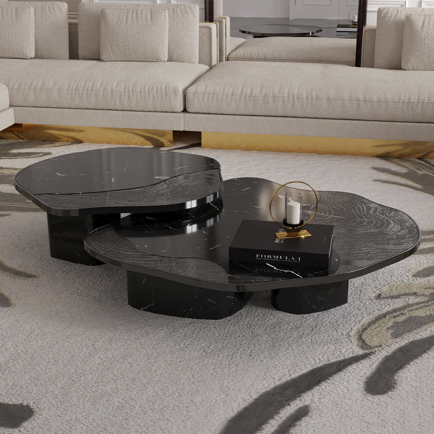 Close-up view of the table's sculpted base, showcasing intricate gold detailing and smooth curves.
