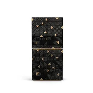 Angled front view of a black pixelated cabinet with metallic accents and reflective surfaces.
