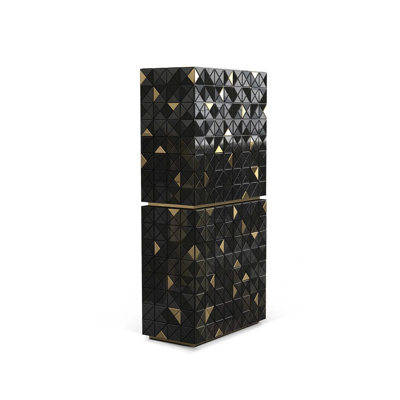 Straight-on front view of a pixel-patterned black cabinet with gold and silver accents.