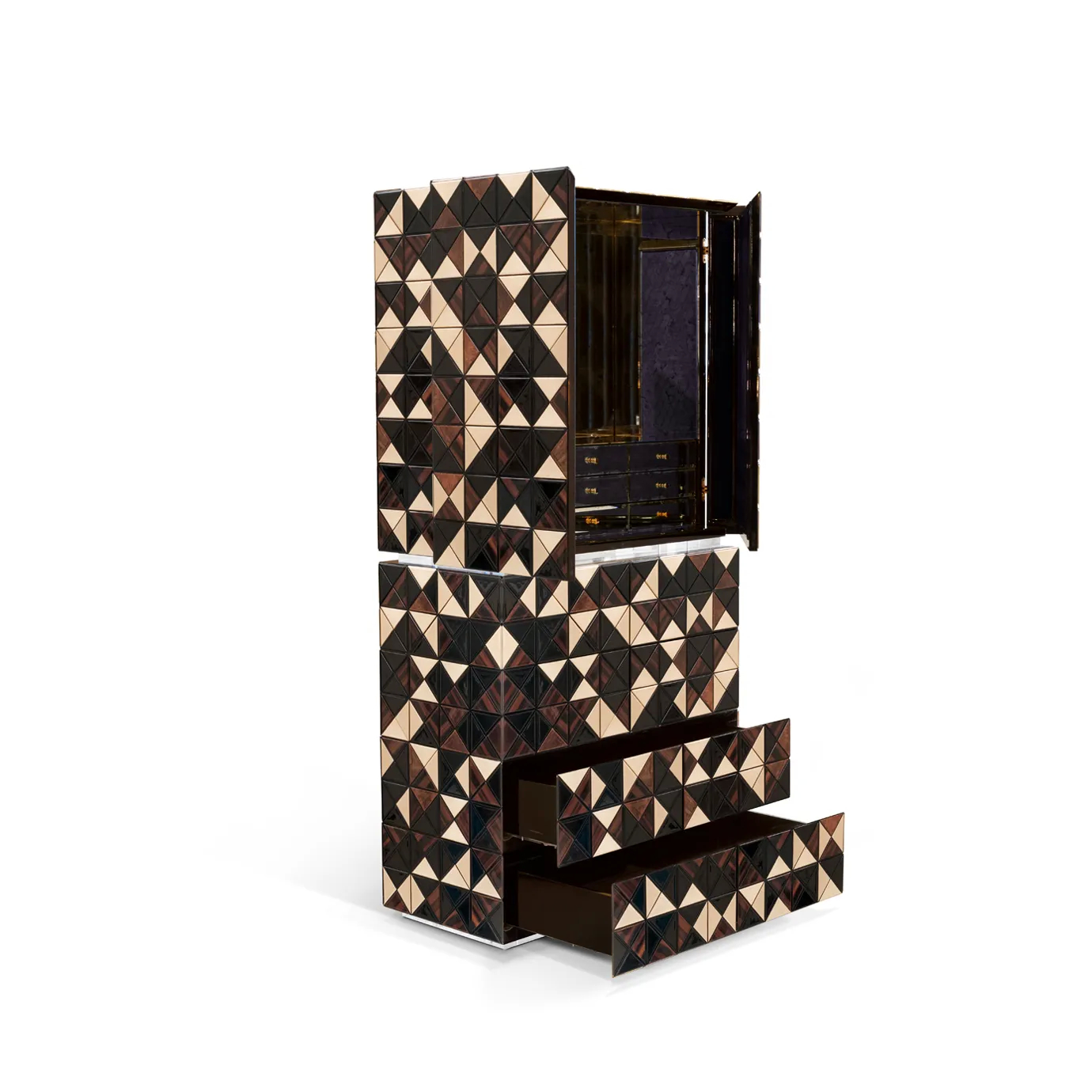 Pixel II Walnut Cabinet with handcrafted wooden triangles and polished brass base.