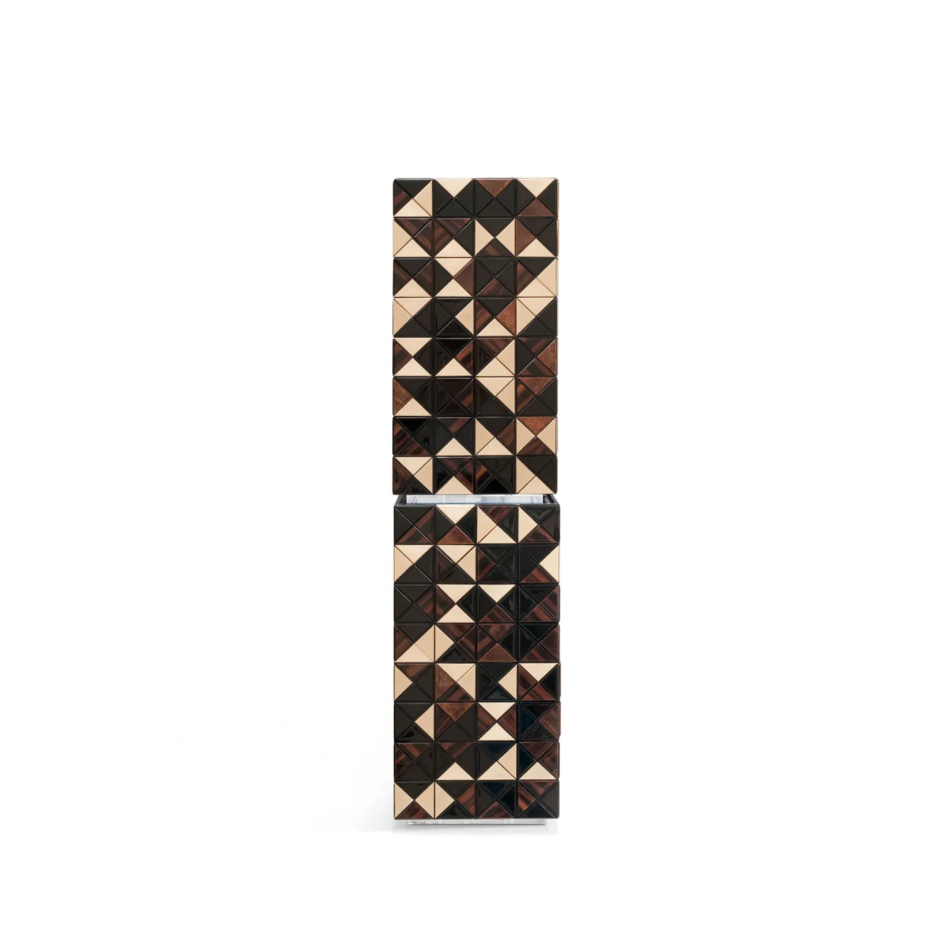 Pixel II Walnut Cabinet with wooden triangles and polished brass base.