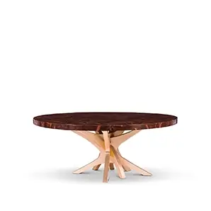 Patch Dining Table with geometric wood veneer top and sculptural oak base, finished in high gloss.
